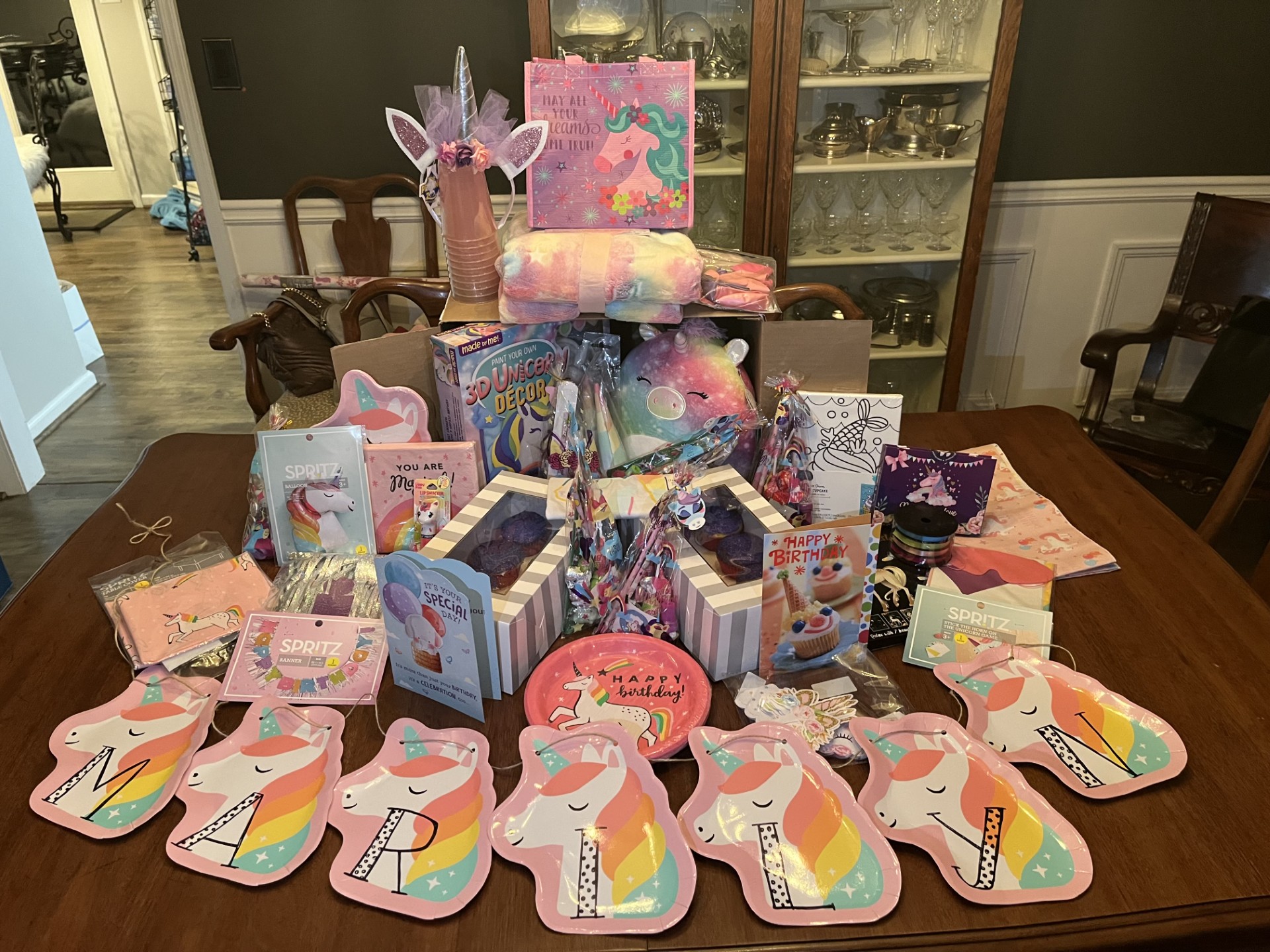 Example birthday box filled with party supplies